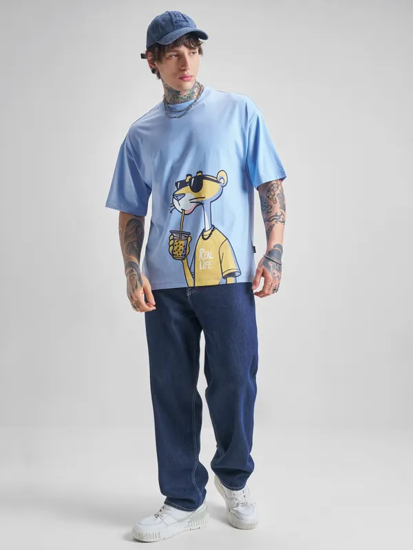 Highlander Men Blue Printed Round Neck Oversized Fit T-Shirt
