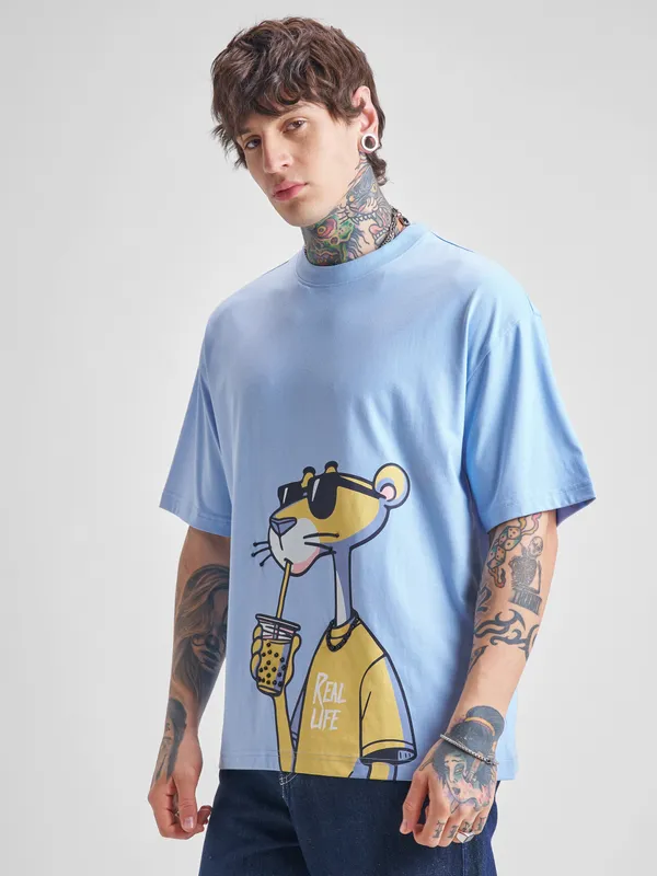 Highlander Men Blue Printed Round Neck Oversized Fit T-Shirt