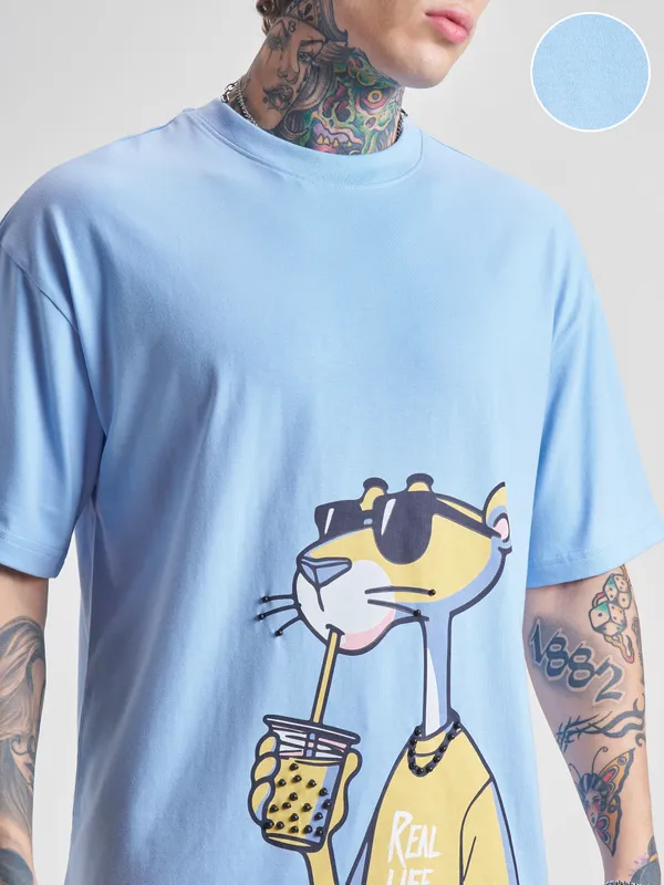 Highlander Men Blue Printed Round Neck Oversized Fit T-Shirt