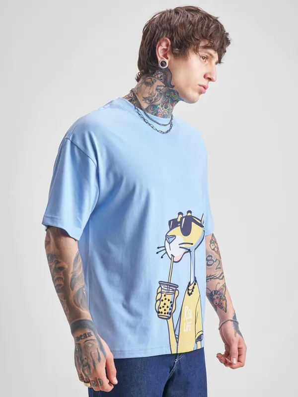 Highlander Men Blue Printed Round Neck Oversized Fit T-Shirt