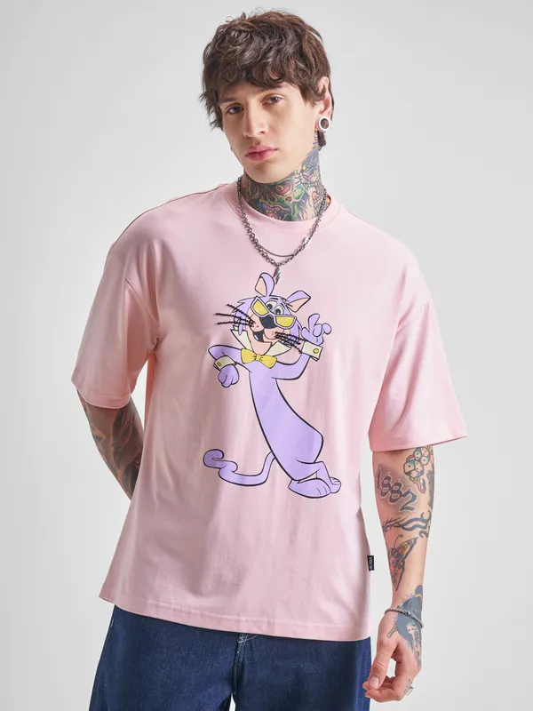 Highlander Men Pink Printed Round Neck Oversized Fit T-Shirt
