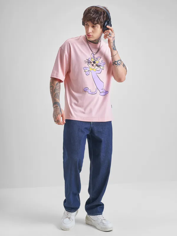 Highlander Men Pink Printed Round Neck Oversized Fit T-Shirt