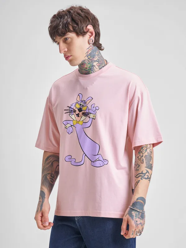 Highlander Men Pink Printed Round Neck Oversized Fit T-Shirt