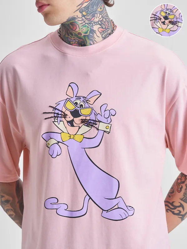 Highlander Men Pink Printed Round Neck Oversized Fit T-Shirt