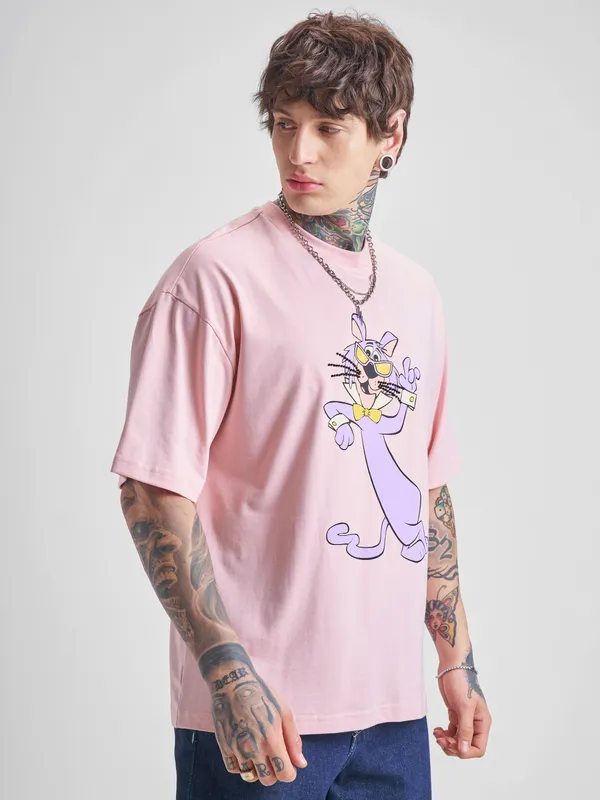 Highlander Men Pink Printed Round Neck Oversized Fit T-Shirt