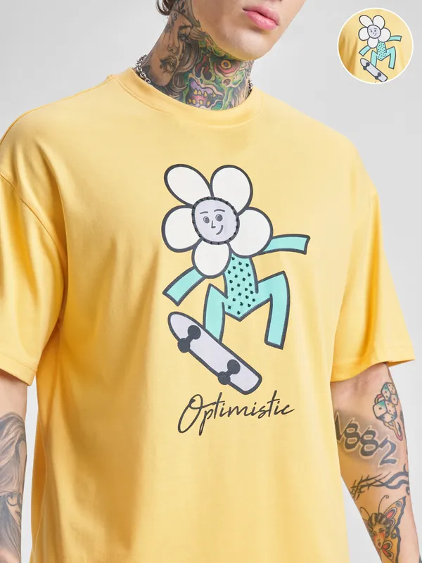 Highlander Men Yellow Printed Round Neck Oversized Fit T-Shirt