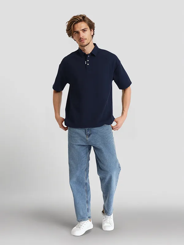 Highlander Men Navy Blue Solid Polo Collar T-Shirt