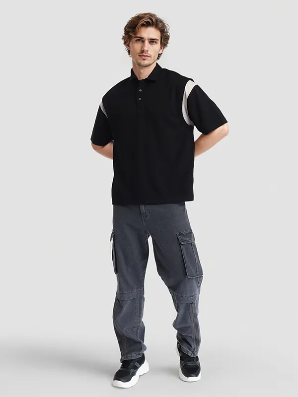 Highlander Men Black Solid Polo Collar T-Shirt