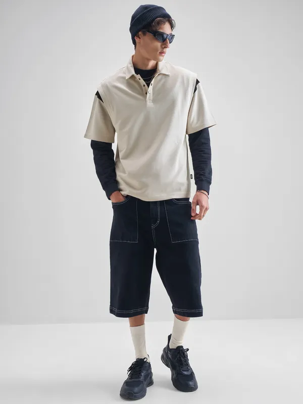 Highlander Men Cream Solid Polo Collar Fit T-Shirt