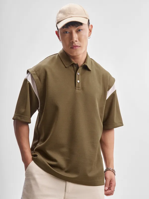 Highlander Men Brown Self Design Polo Collar T-Shirt