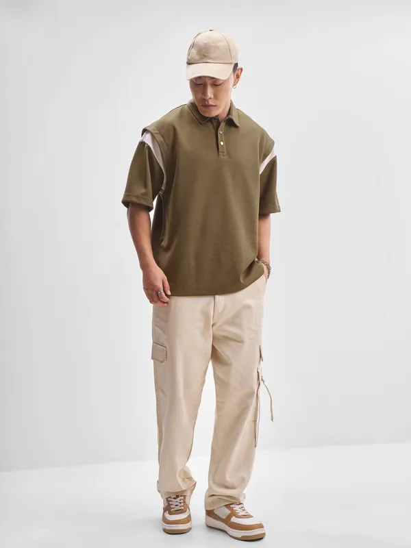 Highlander Men Brown Self Design Polo Collar T-Shirt