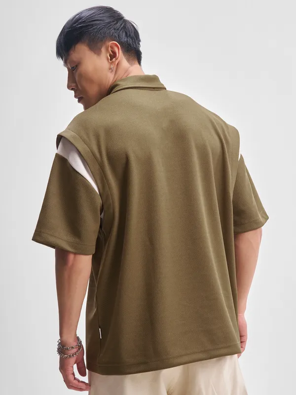 Highlander Men Brown Self Design Polo Collar T-Shirt