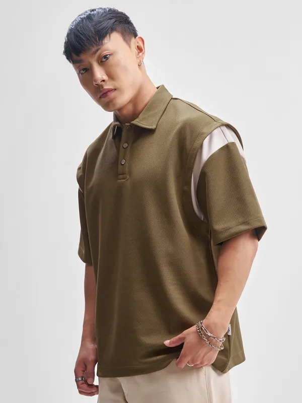 Highlander Men Brown Self Design Polo Collar T-Shirt