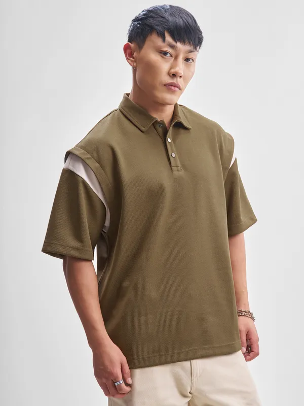 Highlander Men Brown Self Design Polo Collar T-Shirt