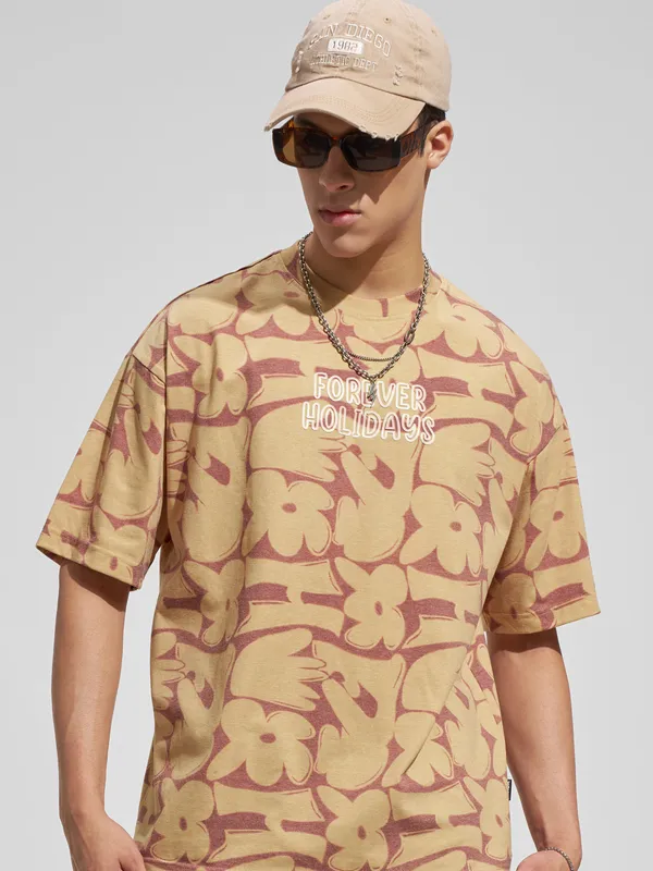 Highlander Men Brown Printed Round Neck Oversized Fit T-Shirt