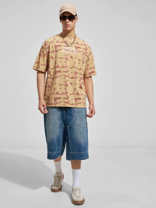 Highlander Men Brown Printed Round Neck Oversized Fit T-Shirt