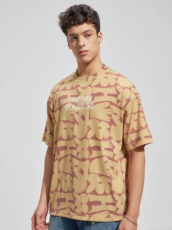 Highlander Men Brown Printed Round Neck Oversized Fit T-Shirt