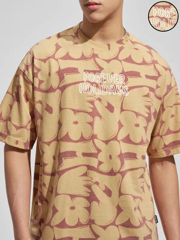 Highlander Men Brown Printed Round Neck Oversized Fit T-Shirt