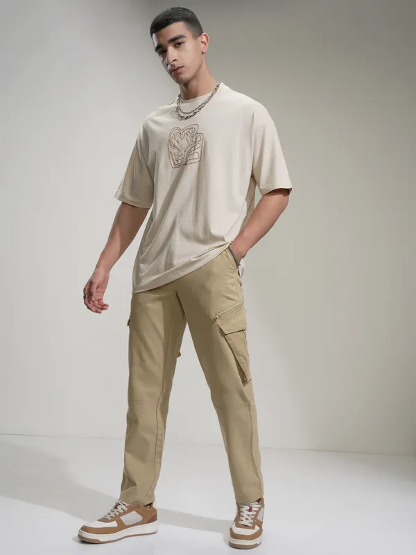 Highlander Men Cream Embroidered Round Neck Oversized Fit T-Shirt