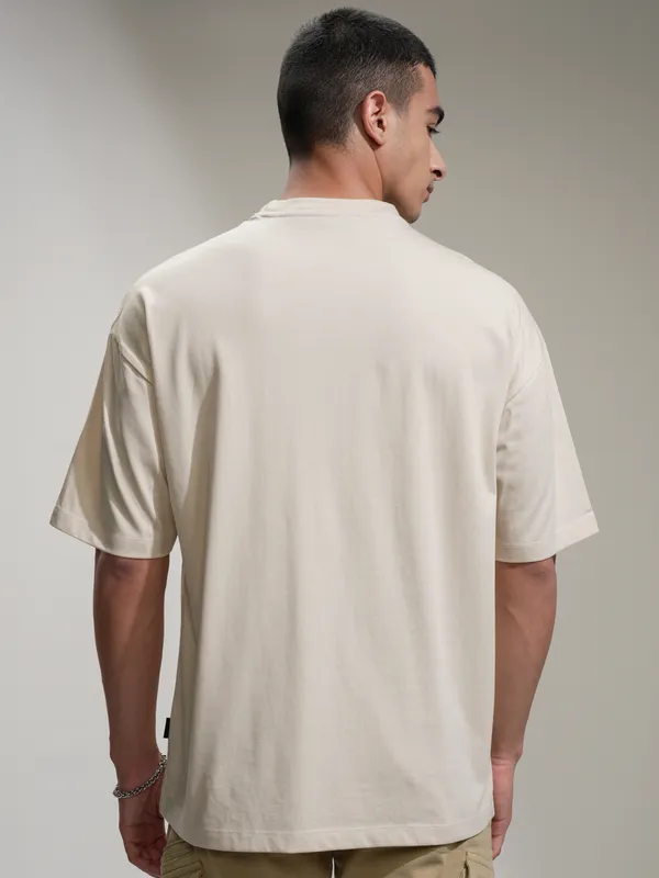 Highlander Men Cream Embroidered Round Neck Oversized Fit T-Shirt
