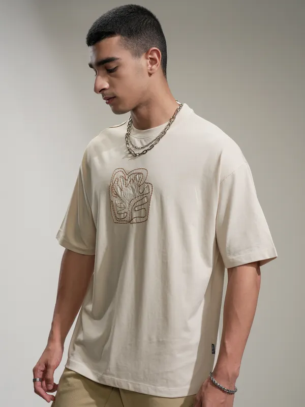 Highlander Men Cream Embroidered Round Neck Oversized Fit T-Shirt