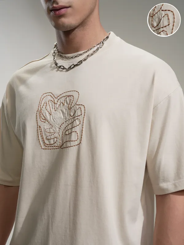 Highlander Men Cream Embroidered Round Neck Oversized Fit T-Shirt