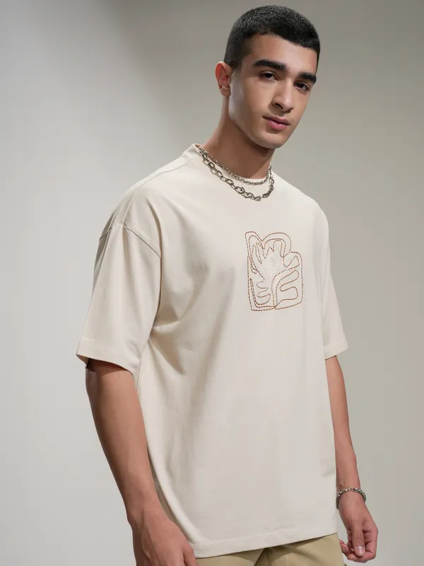 Highlander Men Cream Embroidered Round Neck Oversized Fit T-Shirt