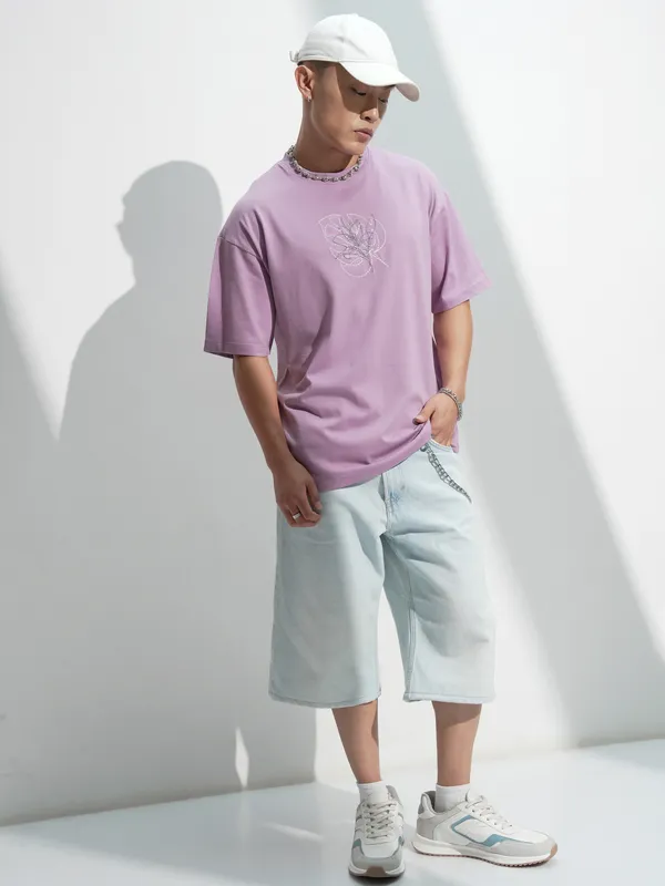 Highlander Men Lavender Embroidered Round Neck T-Shirt