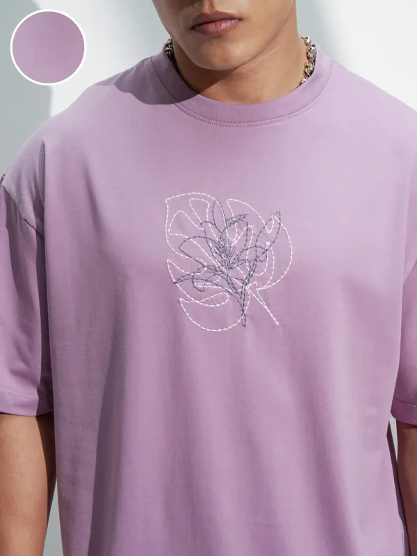 Highlander Men Lavender Embroidered Round Neck T-Shirt