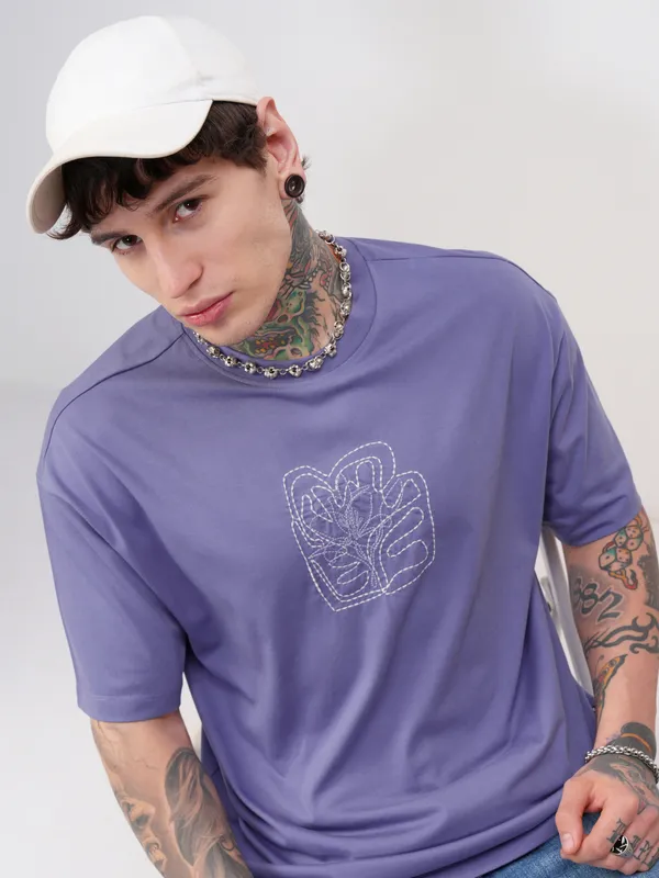 Highlander Men Purple Embroidered Round Neck T-Shirt