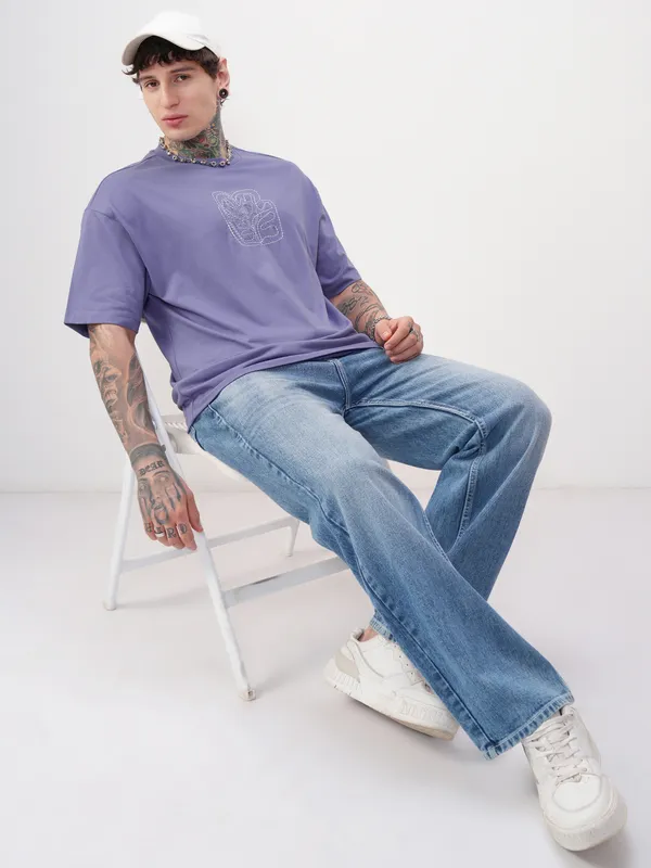 Highlander Men Purple Embroidered Round Neck T-Shirt