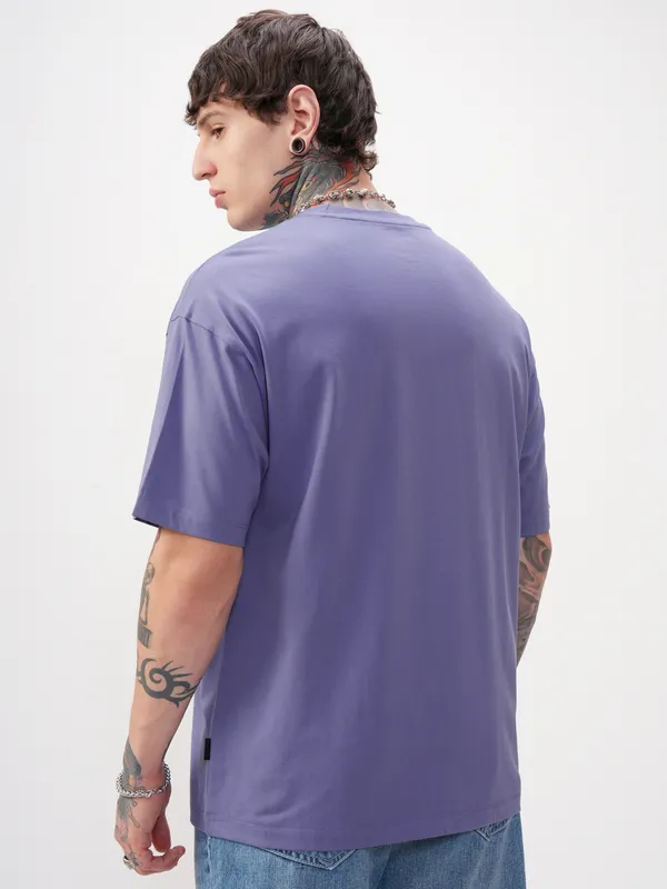 Highlander Men Purple Embroidered Round Neck T-Shirt