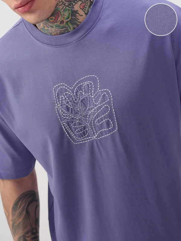 Highlander Men Purple Embroidered Round Neck T-Shirt