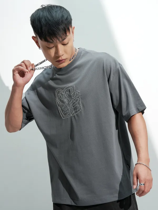 Highlander Men Grey Self Design Round Neck Relaxed Fit T-Shirt