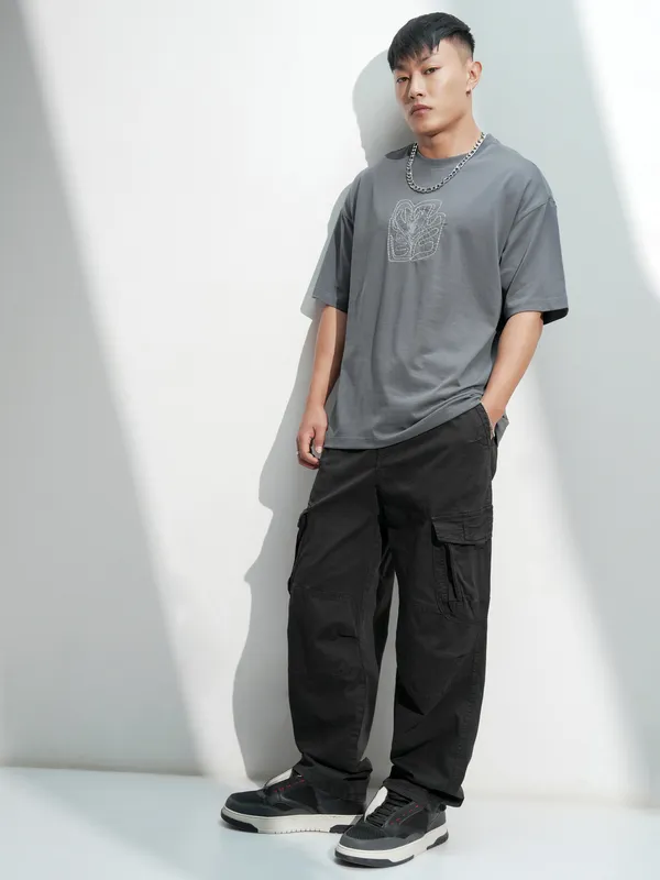 Highlander Men Grey Self Design Round Neck Relaxed Fit T-Shirt