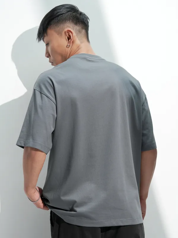 Highlander Men Grey Self Design Round Neck Relaxed Fit T-Shirt