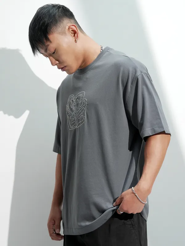 Highlander Men Grey Self Design Round Neck Relaxed Fit T-Shirt