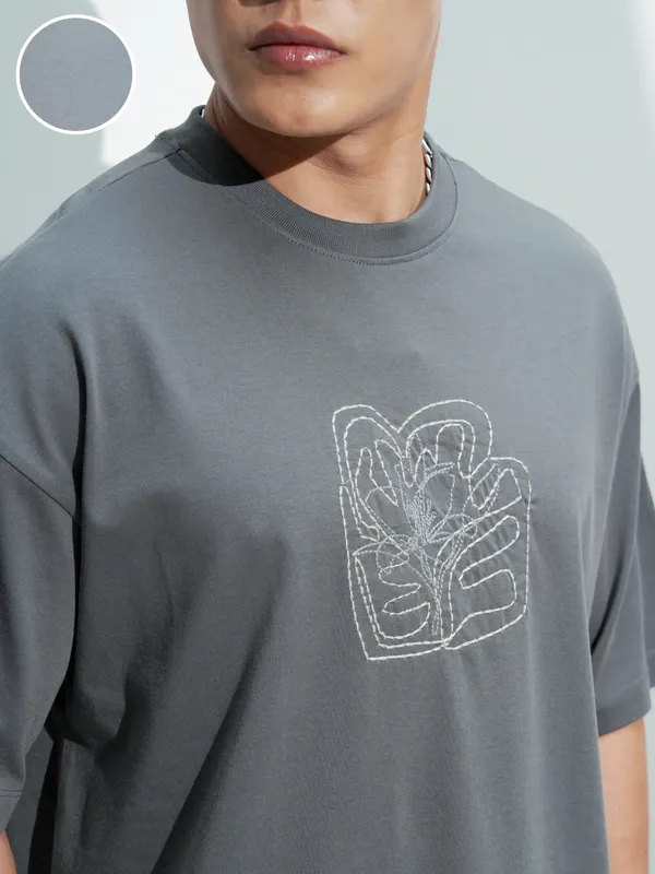 Highlander Men Grey Self Design Round Neck Relaxed Fit T-Shirt