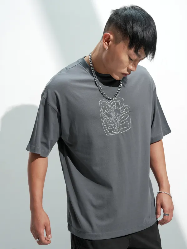Highlander Men Grey Self Design Round Neck Relaxed Fit T-Shirt
