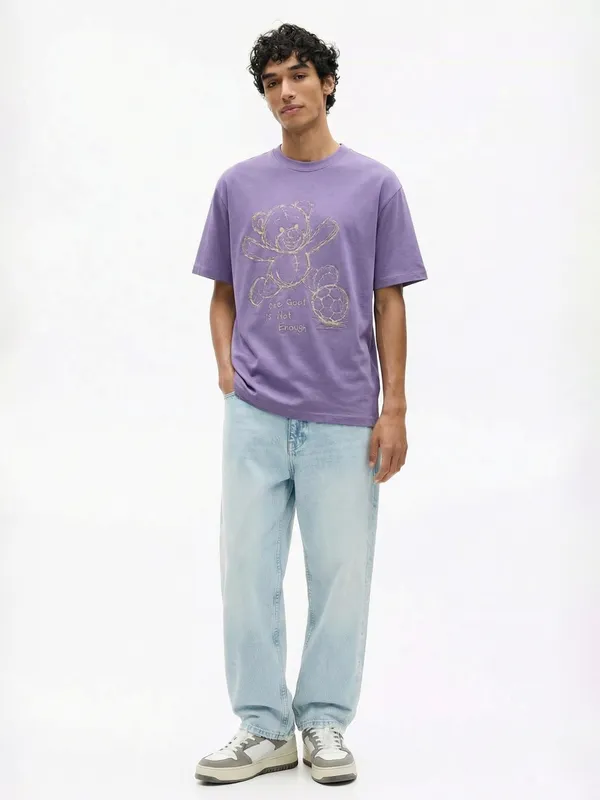 Highlander Men Purple Embroidered Round Neck T-Shirt