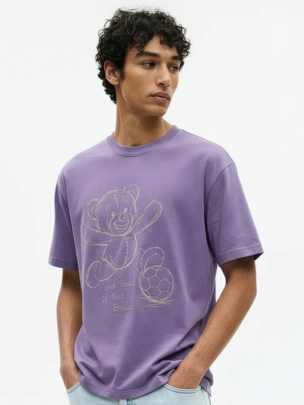 Highlander Men Purple Embroidered Round Neck T-Shirt