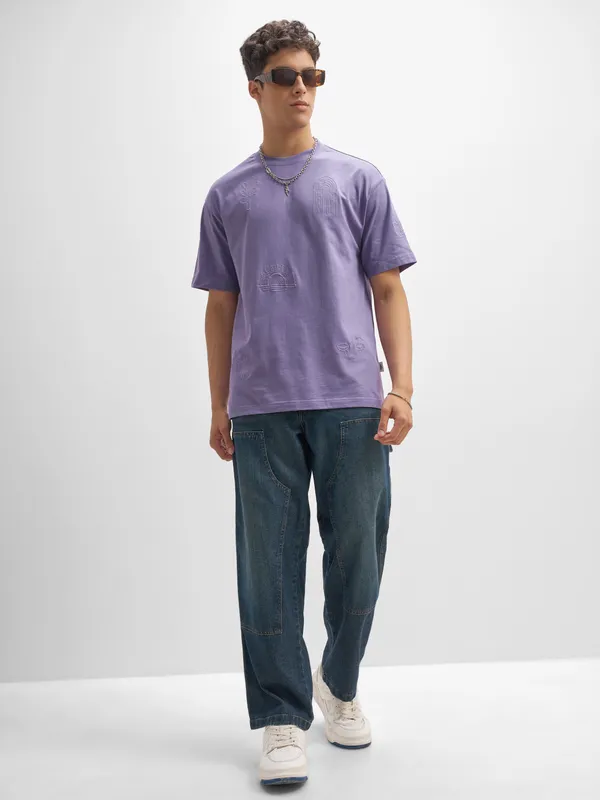 Highlander Men Purple Embroidered Round Neck T-Shirt