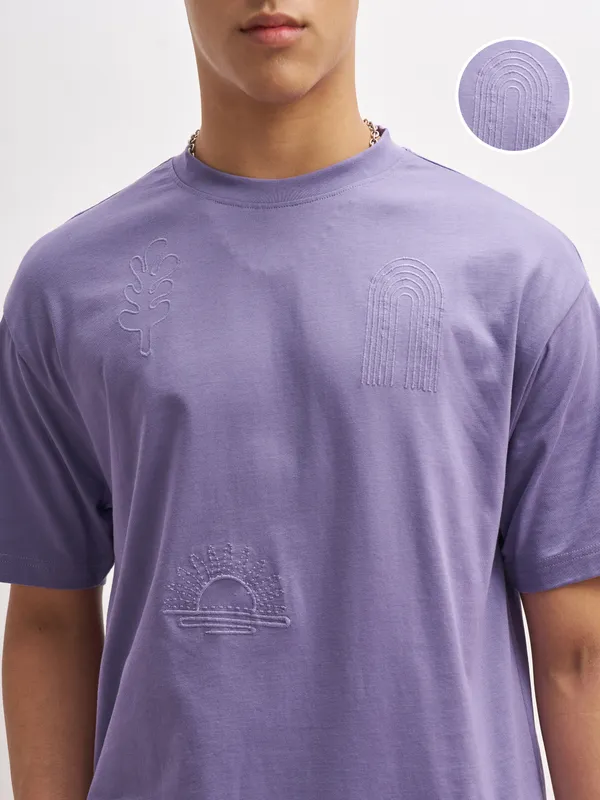 Highlander Men Purple Embroidered Round Neck T-Shirt