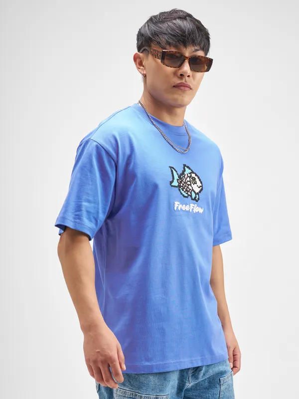 Highlander Men Blue Embroidered Round Neck T-Shirt