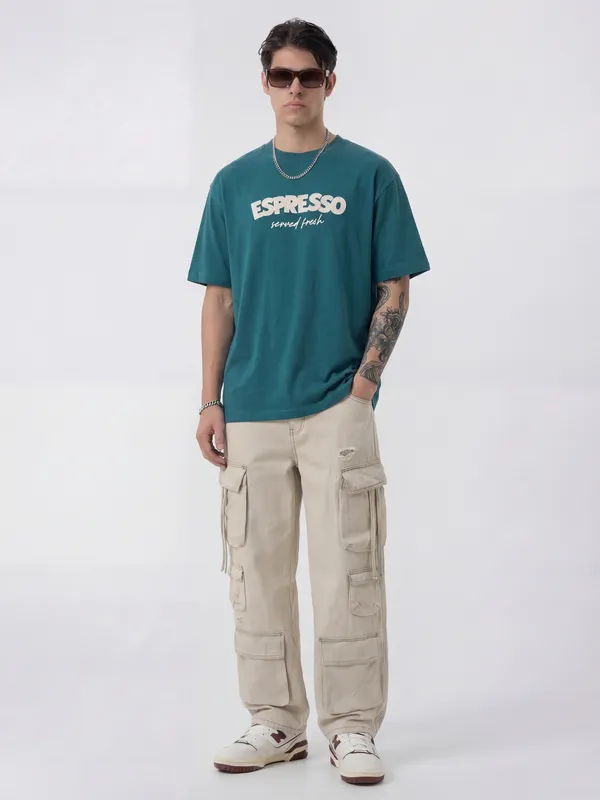 Highlander Men Teal Printed Round Neck T-Shirt