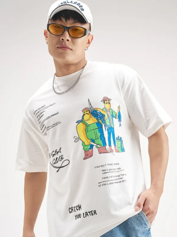 Highlander Men White Printed Round Neck T-Shirt