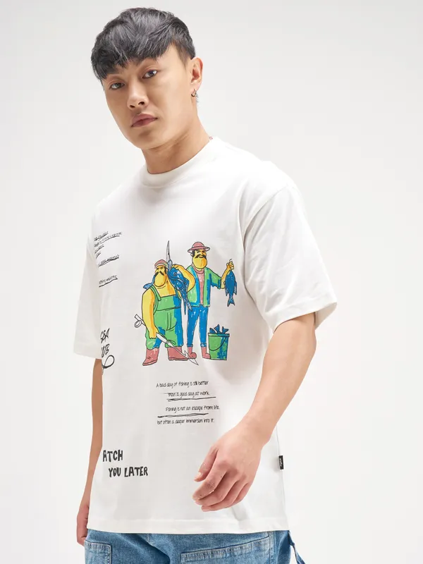 Highlander Men White Printed Round Neck T-Shirt