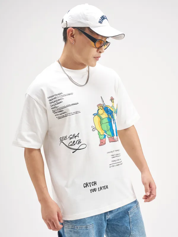 Highlander Men White Printed Round Neck T-Shirt