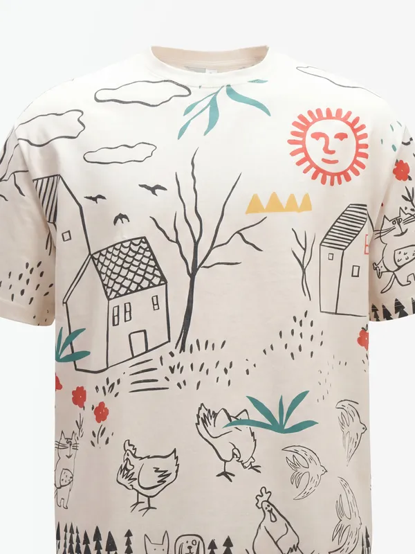 Highlander Men Off White Printed Round Neck T-Shirt