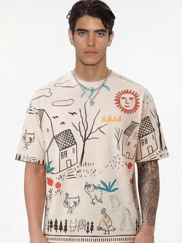 Highlander Men Off White Printed Round Neck T-Shirt